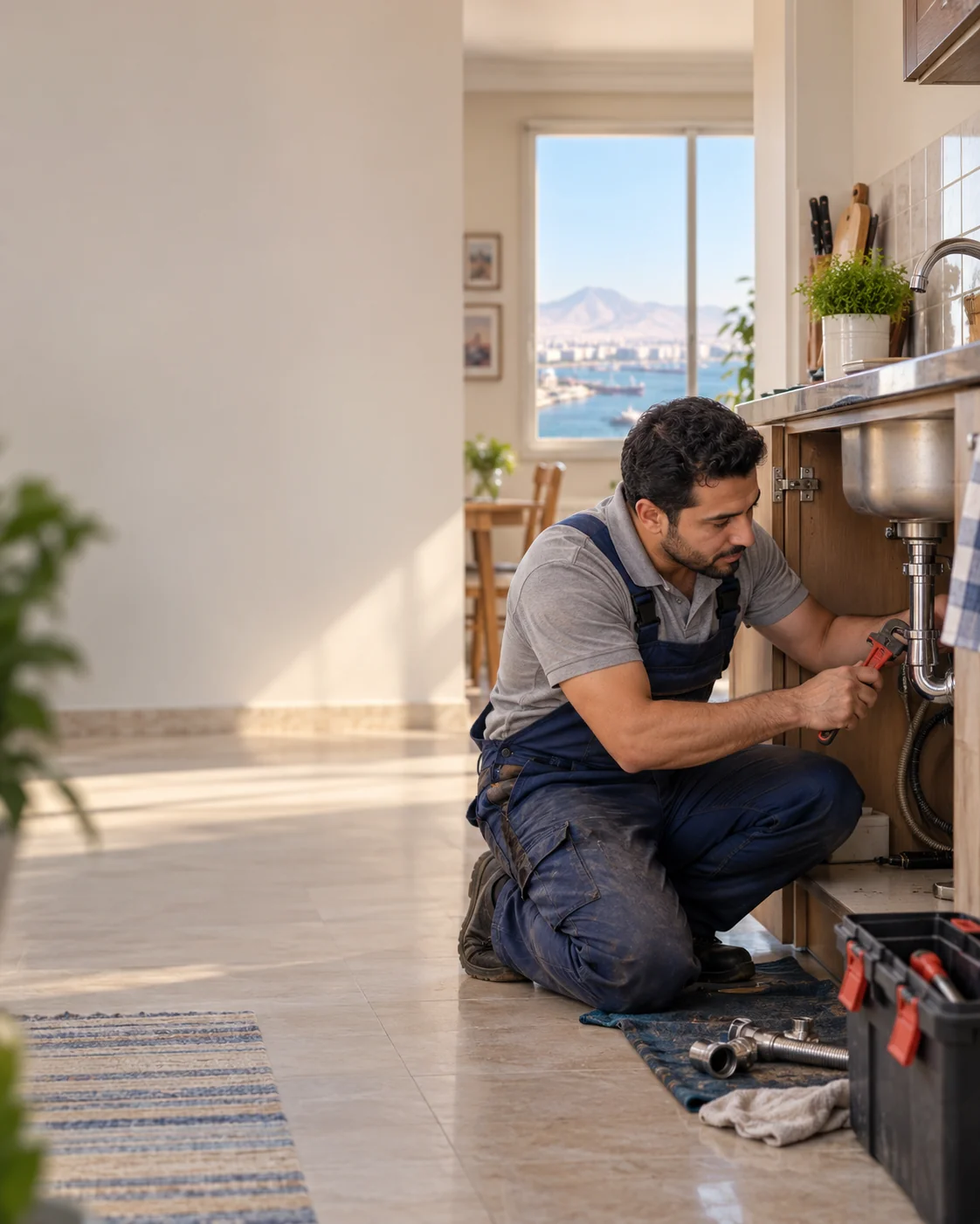 صنايعي سباك أثناء صيانة منزلية بالسويس
